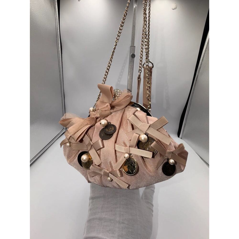 Lanvin en Bleu Blush Pink Bow-Embellished Evening Clutch with Coin Charms